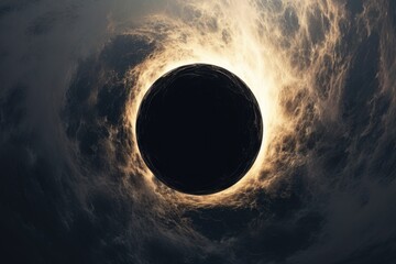 Poster - A striking image of a black hole surrounded by a vast cloud-filled sky. This picture can be used to depict mysteries, astronomy, science fiction, or the unknown.