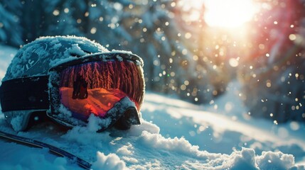 Sticker - Ski goggles resting in the snow. Perfect for winter sports and outdoor activities