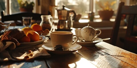 Aufkleber - A wooden table with plates of food and a cup of coffee. Perfect for showcasing delicious meals and coffee creations