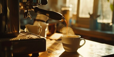 Poster - A cup of coffee being poured into a coffee machine. Perfect for illustrating the process of making coffee at home or in a cafe