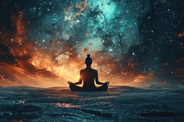 Poster - A person sitting in a lotus position in the middle of a body of water. Can be used to depict relaxation, mindfulness, and tranquility