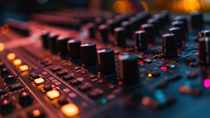 Poster - Close-up shot of a mixing board with a variety of knobs. Versatile and essential equipment for audio mixing and sound engineering.