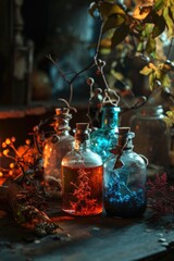 Poster - Three glass bottles filled with liquid on a table. Suitable for various uses