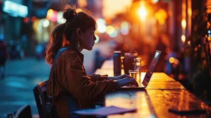 Canvas Print - A woman sitting at a table using a laptop computer. Suitable for illustrating technology, work, remote work, studying, or online communication