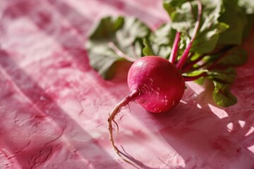Poster - A close-up image of a single radish placed on a pink table cloth. This versatile picture can be used for various purposes