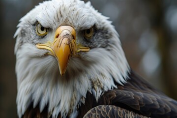Poster - A detailed close-up shot of a bald eagle's face. Perfect for nature enthusiasts and wildlife photographers