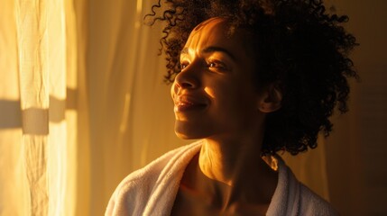 Poster - A woman wearing a bathrobe stands by a window, gazing outside. This image can be used to depict relaxation, contemplation, or enjoying a peaceful moment
