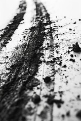 Poster - A black and white photo of a tire track. Suitable for various applications