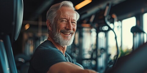 Aufkleber - An older man sitting in a gym with a smile on his face. Suitable for fitness and healthy lifestyle concepts