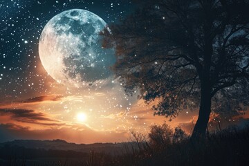 Aufkleber - A captivating image of a full moon shining brightly with a solitary tree in the foreground. Perfect for nature enthusiasts and those seeking a touch of tranquility in their designs