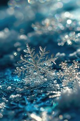 Canvas Print - A detailed close-up of a snowflake on a smooth blue surface. Perfect for winter-themed designs and holiday projects