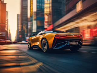 a view of a sports car driving down a city street