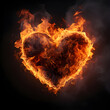 A decorative stone heart is burning on fire, symbolizing love and passion, isolated on a black background in an artistic illustration,