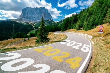 Wall Mural - 2024 New Year road trip travel and future vision concept . Nature landscape with highway road leading forward to happy new year celebration in the beginning of 2024 for bliss and successful start .