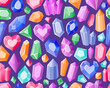 Seamless pattern with colorful crystals and gemstones. Esoteric diamonds, precious stones, treasures, rhinestones on a purple background. Design for wrapping paper, fabric, wallpaper.