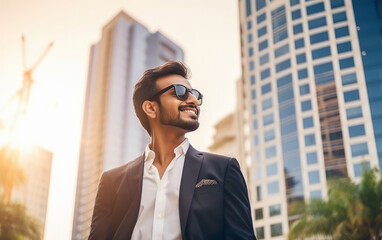 Wall Mural - Young indian smart businessman standing in the city