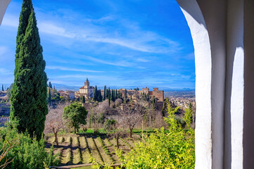 Wall Mural - Medieval architecture of Alhambra in Granada, Spain. The famous place is a Unesco World Heritage Site. 