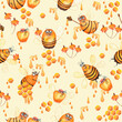 Seamless pattern with the image of plait, bee honey, honey jar and honeycomb. Watercolor