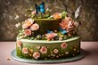 A garden-themed birthday cake with intricate sugar flowers, butterflies, and a moss-covered base