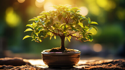 small bonsai tree in a dark pot on green natural background with sun shine. generative ai