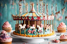 A Whimsical Birthday Cake Shaped Like A Carousel, Complete With Horses And Colorful Icing