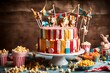 A playful, circus-inspired birthday cake with bold stripes, popcorn, and miniature circus animals as decorations