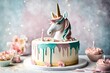 A unicorn-themed birthday cake with a graceful unicorn topper, pastel colors, and edible glitter
