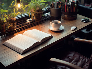 Sticker - cup of coffee on the wooden table