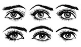Fototapeta  - Beautiful female eyes with big lashes and eyebrows. Eyeliner glamour makeup. Icon set