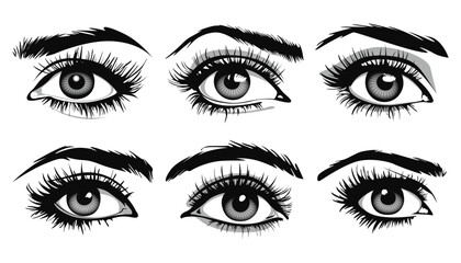 Beautiful female eyes with big lashes and eyebrows. Eyeliner glamour makeup. Icon set
