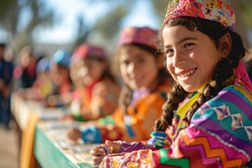 A cheerful scene unfolds as children don bright Purim attire, sharing mishloach manot in a sunny park, their smiles reflecting the festive joy of the occasion