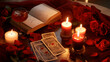 Enchanting Image Of Still Life In Red Tones With Tarot Cards, Glass Of Wine, Red Roses, Mysterious Book And Candles On The Table. Concept Of Love Fortune Telling For The Valentine's Day.