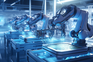 Aufkleber - Smart factory concept. Robotic arms are processing metal