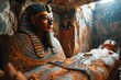 sarcophagus with egyptian mummy on a colorful hieroglyphs wall background inside a tomb in a pyramid secret chamber