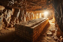 Sarcophagus With Egyptian Mummy On A Colorful Hieroglyphs Wall Background Inside A Tomb In A Pyramid Secret Chamber