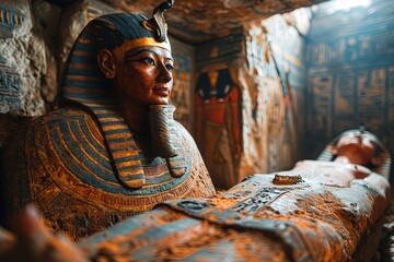 sarcophagus with egyptian mummy on a colorful hieroglyphs wall background inside a tomb in a pyramid