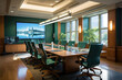 © apratim - Modern conference room with a large table, green chairs, and a beautiful city view, perfect for business meetings and professional presentations.