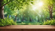 Background With An Empty Wooden Table And A Branch With Green Leaves. Spring Or Summer Wallpaper With An Empty Space. Natural Bokeh. Rays Of Light. Daylight.