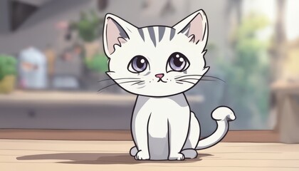 A white cat with black stripes and big eyes