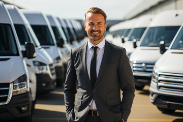 Aufkleber - Businessman on the background of vans. Fleet management