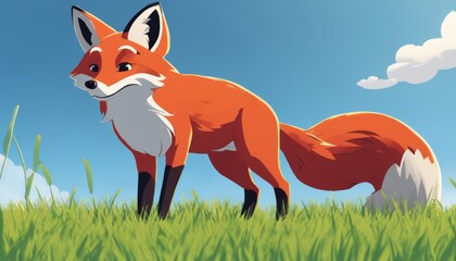 Poster - A fox standing in a field with a blue sky in the background