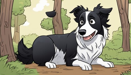 Poster - A black and white dog sitting in the woods