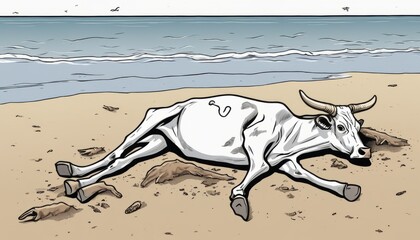 A cow is laying down on the beach