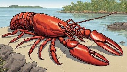 Wall Mural - A large red lobster with a long tail