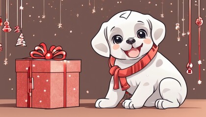 Wall Mural - A white dog sitting in front of a red box with a bow