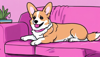 Canvas Print - A cute cartoon dog lays on a pink couch