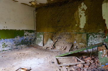 Empty room in abandoned school building in resettled village of Babchin in exclusion zone of Chernobyl nuclear power plant, Belarus