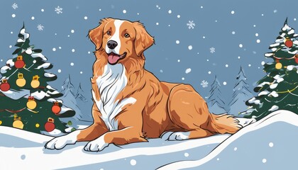 Sticker - A brown and white dog with a panting tongue sitting in the snow