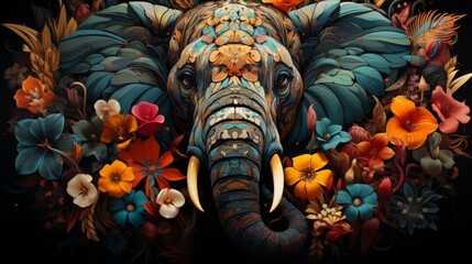 Poster - A majestic elephant adorned with vibrant feathers and intricate tusks stands amongst a field of blooming flowers, its stunning presence captured in a breathtaking painting