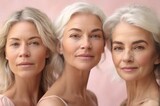 Fototapeta Londyn - Group of women different ages without makeup on pink background. Pastel pink colors. Concept of female friendship, family relationships, International Women's Day celebration. AI generated